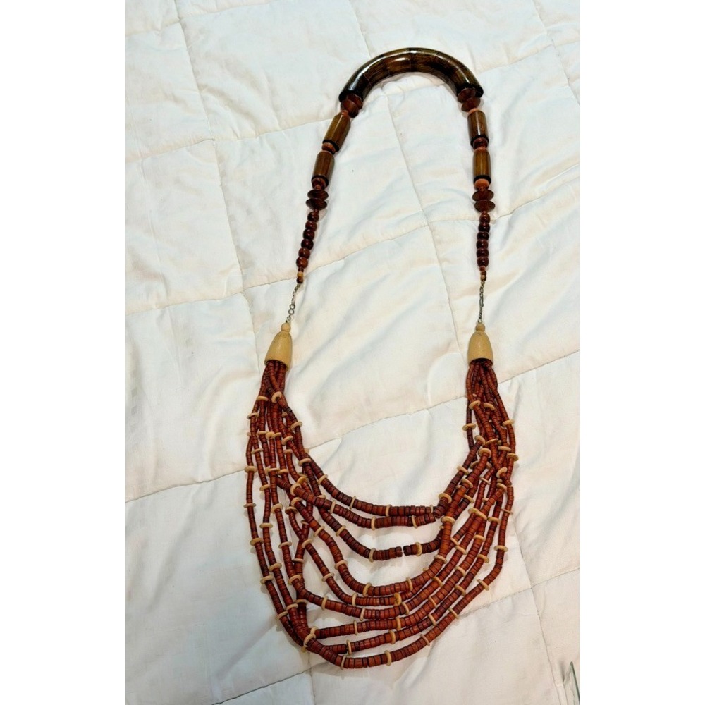 Multi Strand Wood Bead Statement Necklace Boho Tribal Style Brown Natural Beads